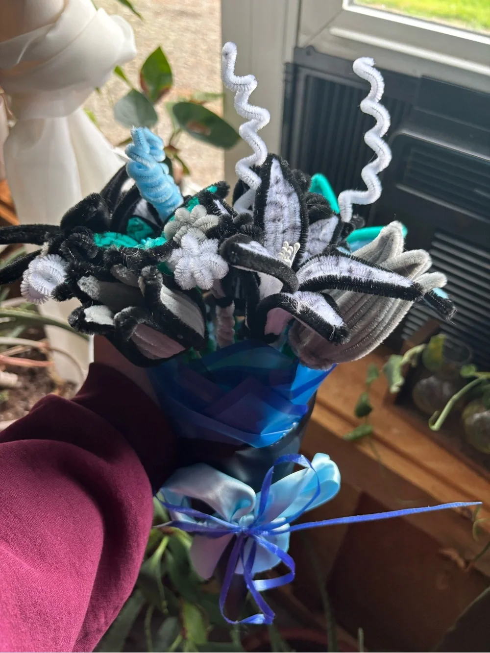 Large Handmade Teal & Black Floral Bouquet